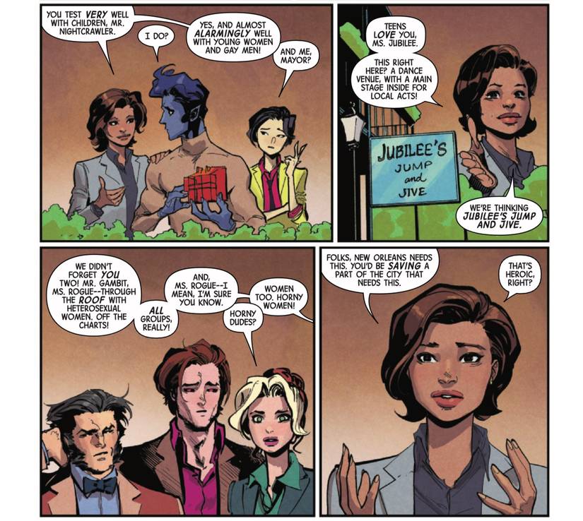 Uncanny X-Men #19 by Simone and Marquez - the Mayor tells the team what demographics they appeal to