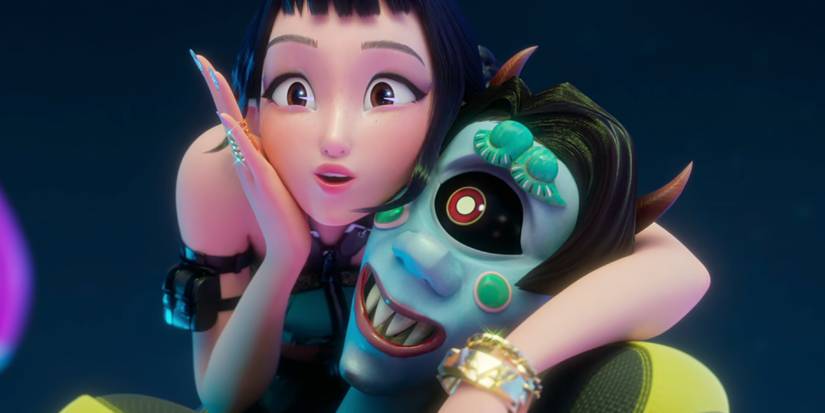 A character looking into a mirror with a demon in Kpop Demon Hunters
