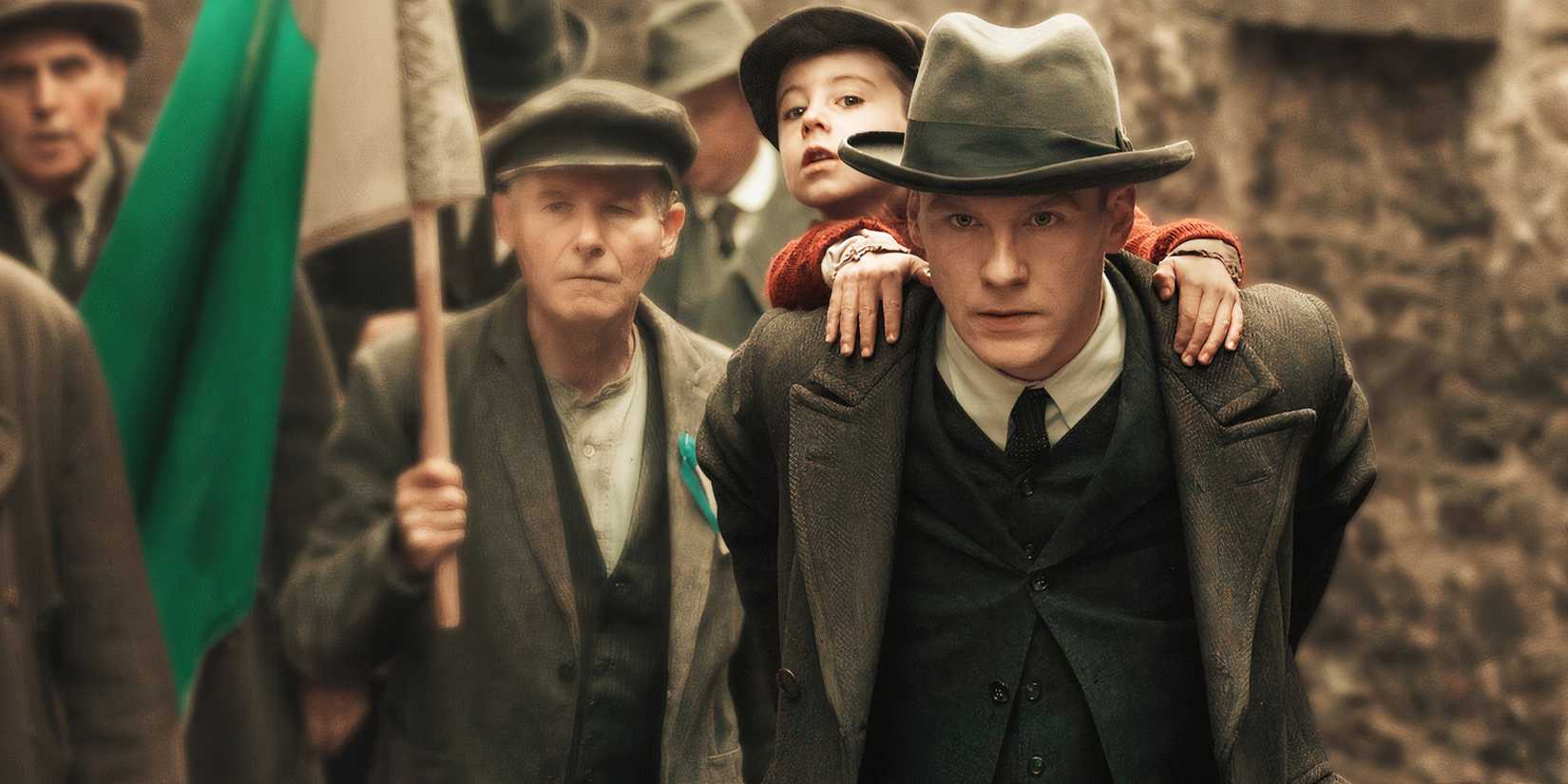 A child riding on his father's back in the TV show Rebellion