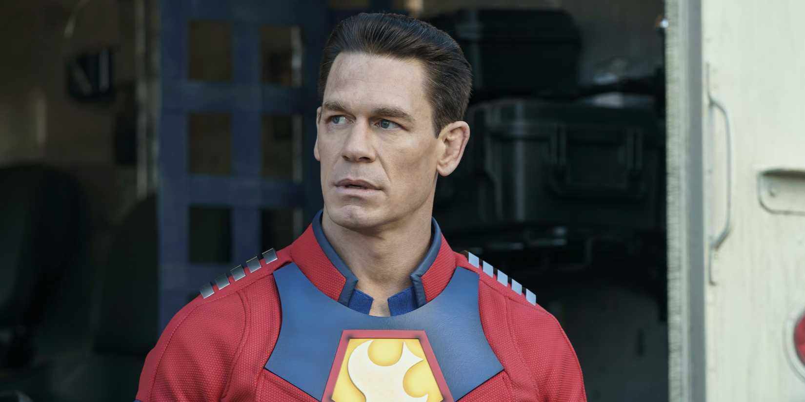 A close-up of John Cena's face in costume in Peacemaker