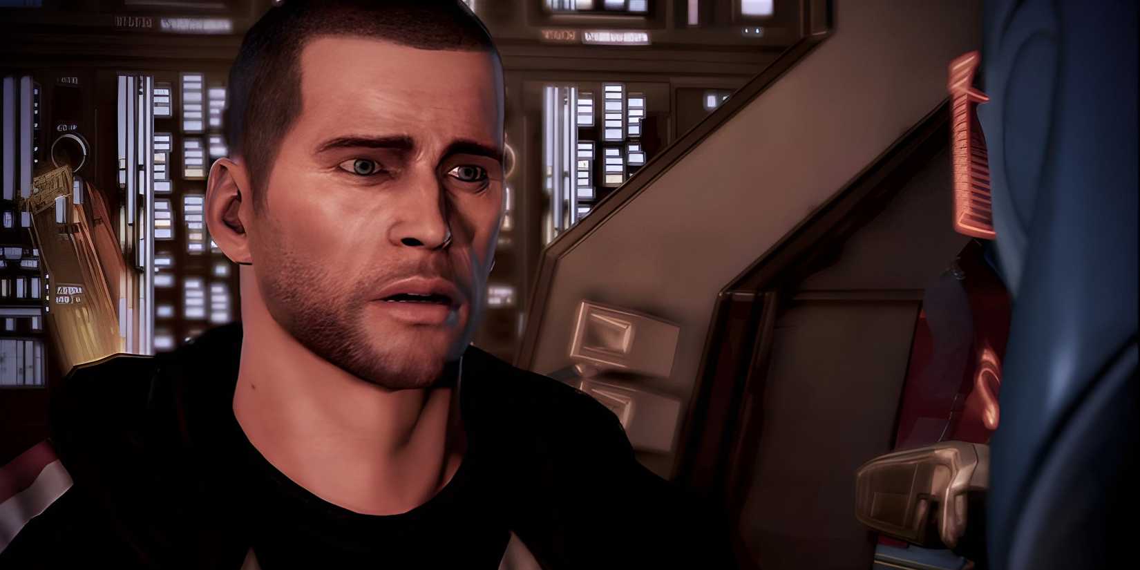 A distraught Shepard in Mass Effect.
