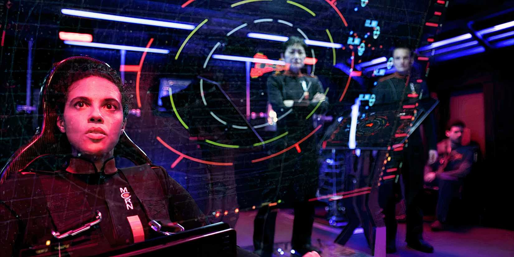 A navigator inspecting a screen in The Expanse episode CQB