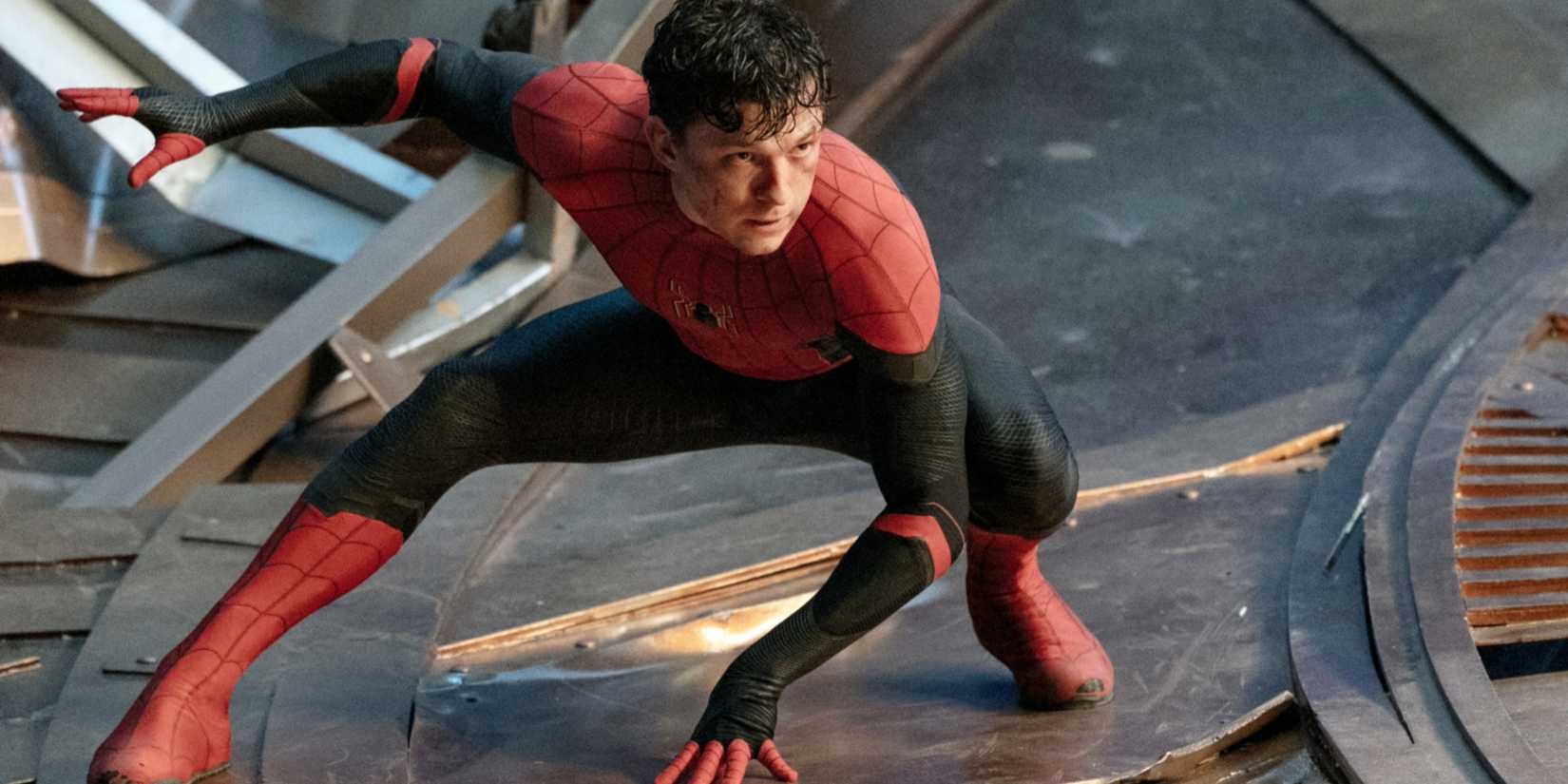 Tom Holland as Spider-Man crouching in No Way Home