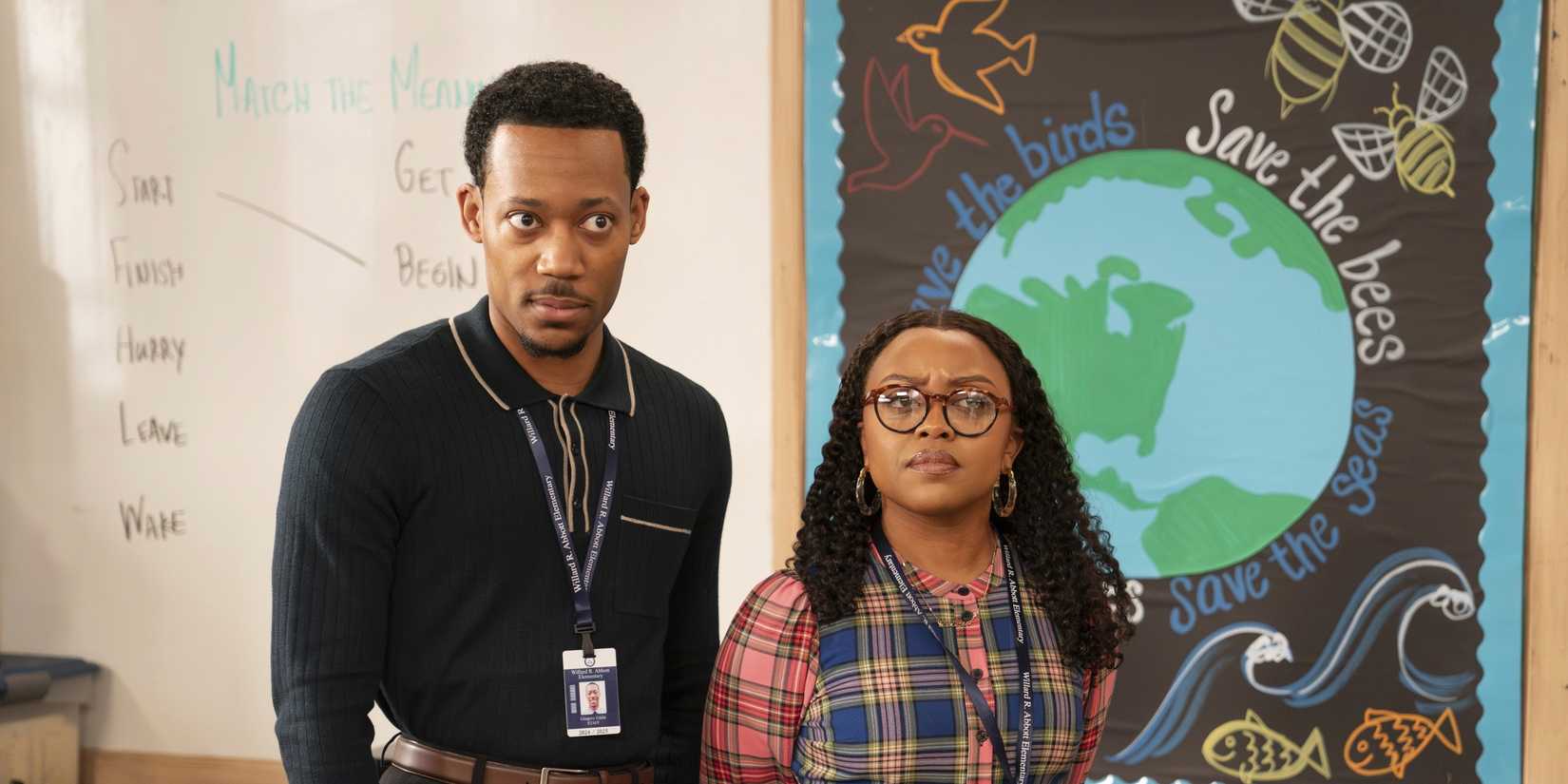 Gregory & Janine staring and looking concerned in Abbott Elementary