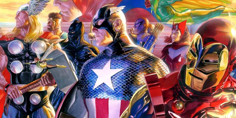 alex ross avengers art showing thor, captain america and iron man