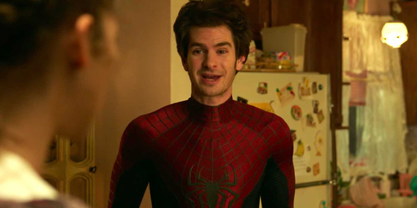 Andrew Garfield is smiling as Peter Parker in Spider-Man No Way Home