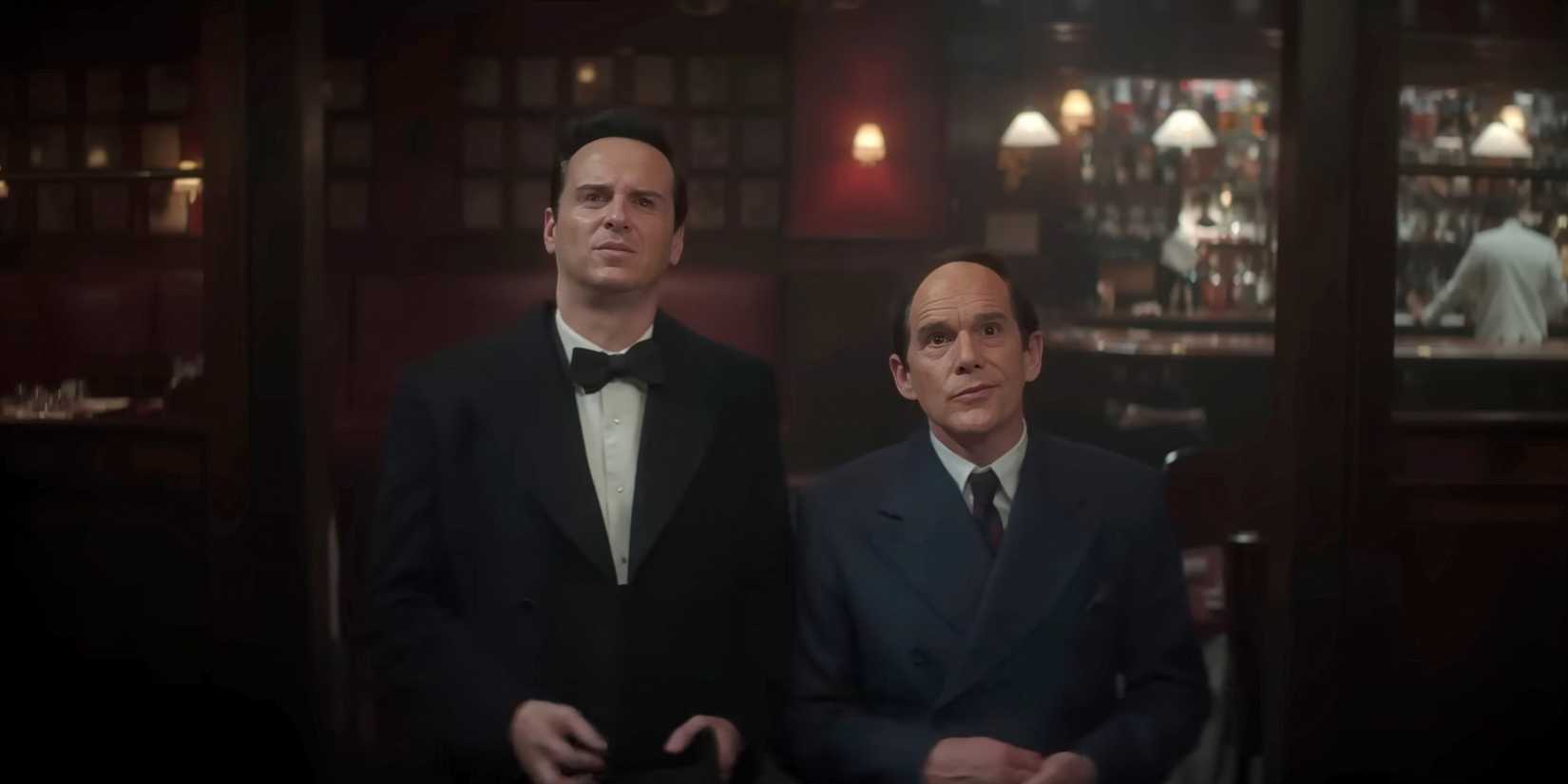 Andrew Scott and Ethan Hawke standing side by side and staring up at something in Blue Moon
