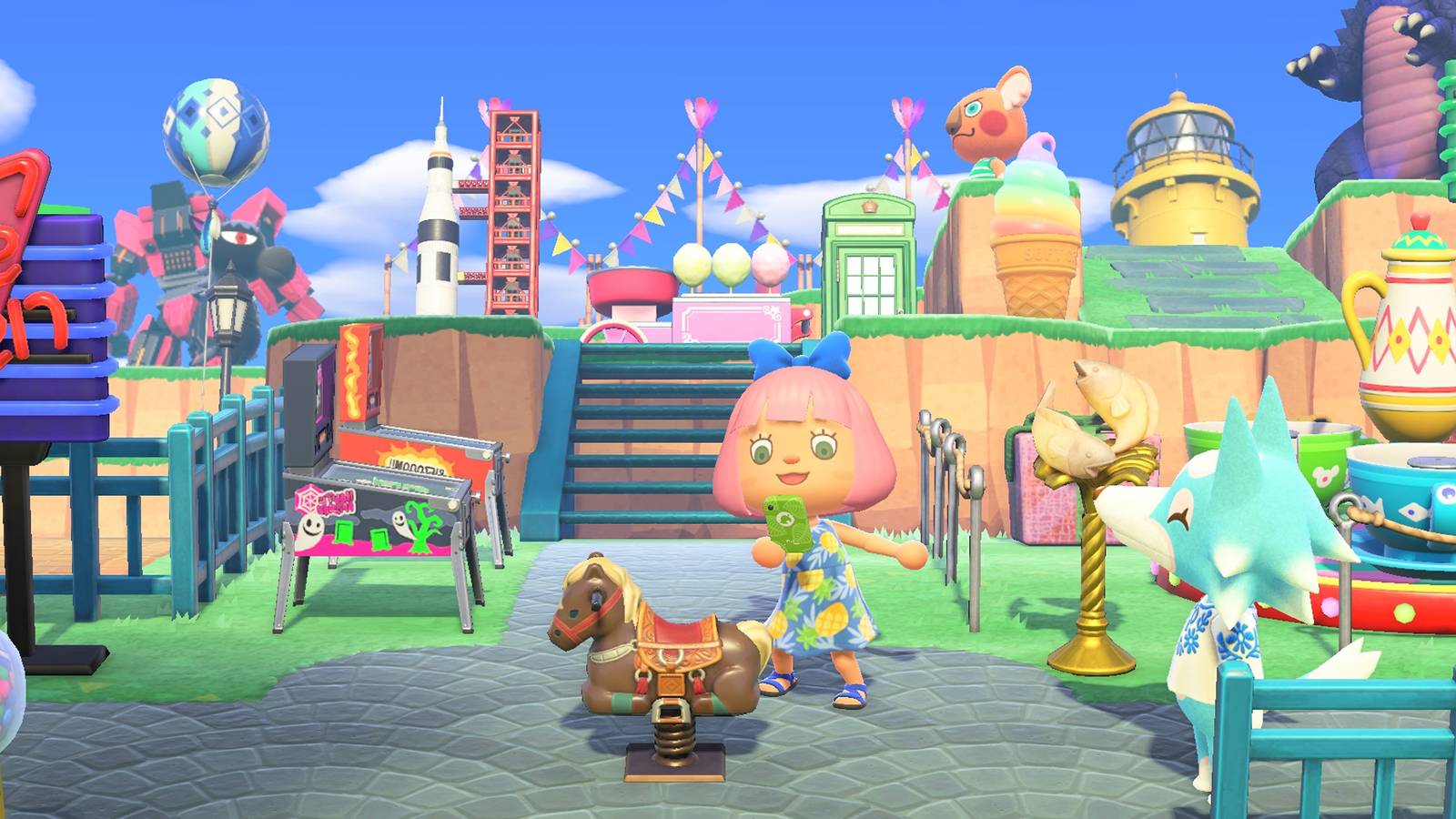 A cluttered Animal Crossing: New Horizons island