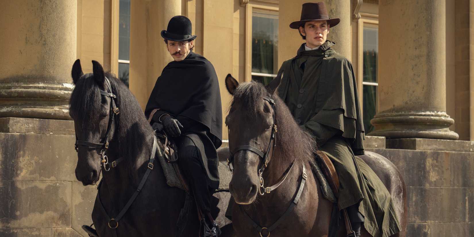 Anthony Boyle and Louis Partridge on horses from House of Guinness