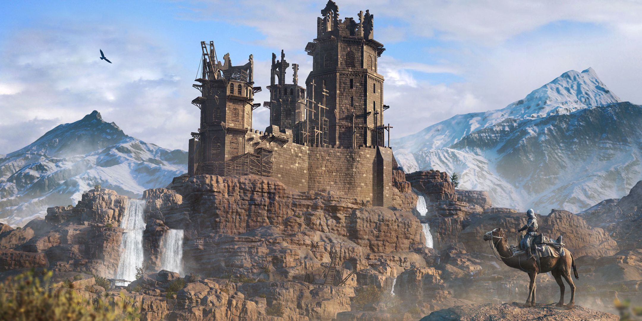 Basim approaching a tower on camel-back in Assassin's Creed Mirage