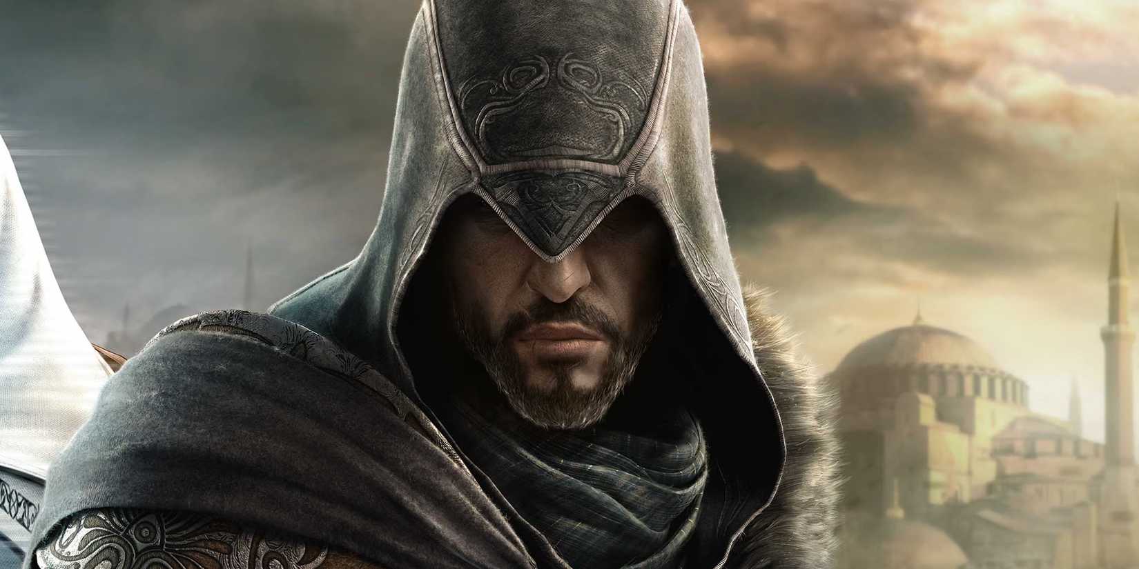 Assassins Creed Revelations' Ezio looks serious under his hood.