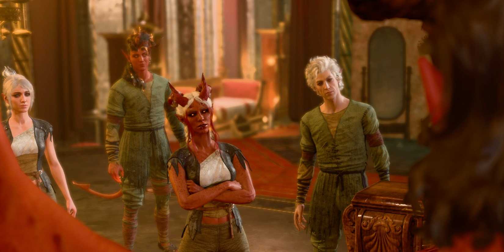 Baldur's Gate 3 Screenshot of Shadowheart, Karlach, Astarion and tiefling Tav Looking At Haarlep in the House of Hope