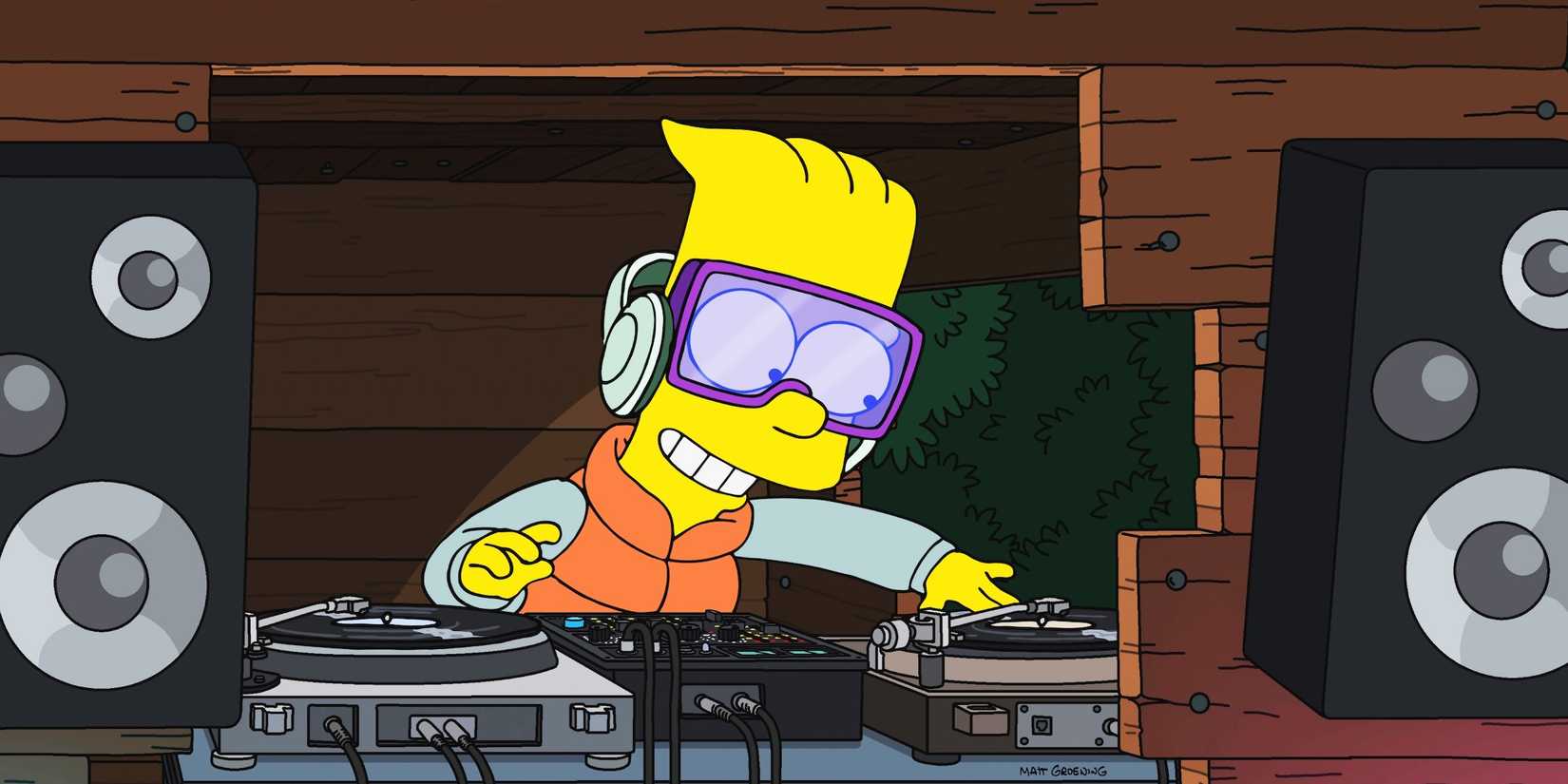 Bart DJs em uma casa na árvore de Os Simpsons temporada 36 episódio 12 (Imagem cortesia de Everett)