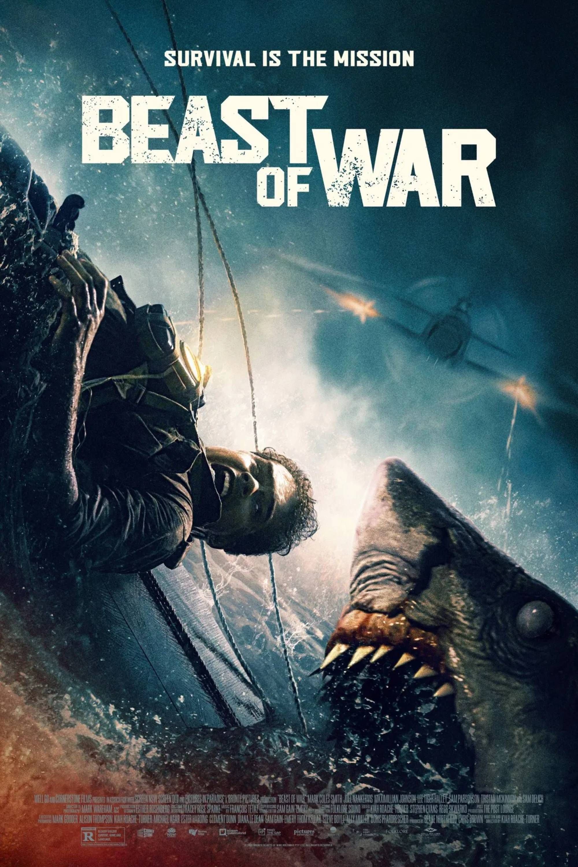 Pôster do filme Beast Of War com um tubarão e destroços de navio.