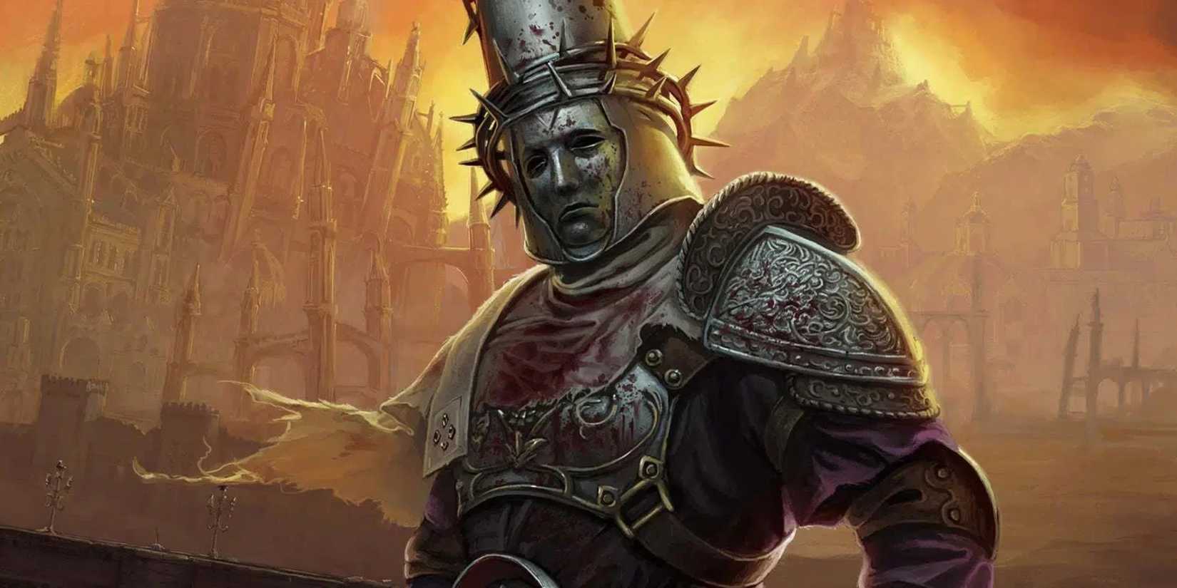 The Penitent One from Blasphemous stands in front of ruins.