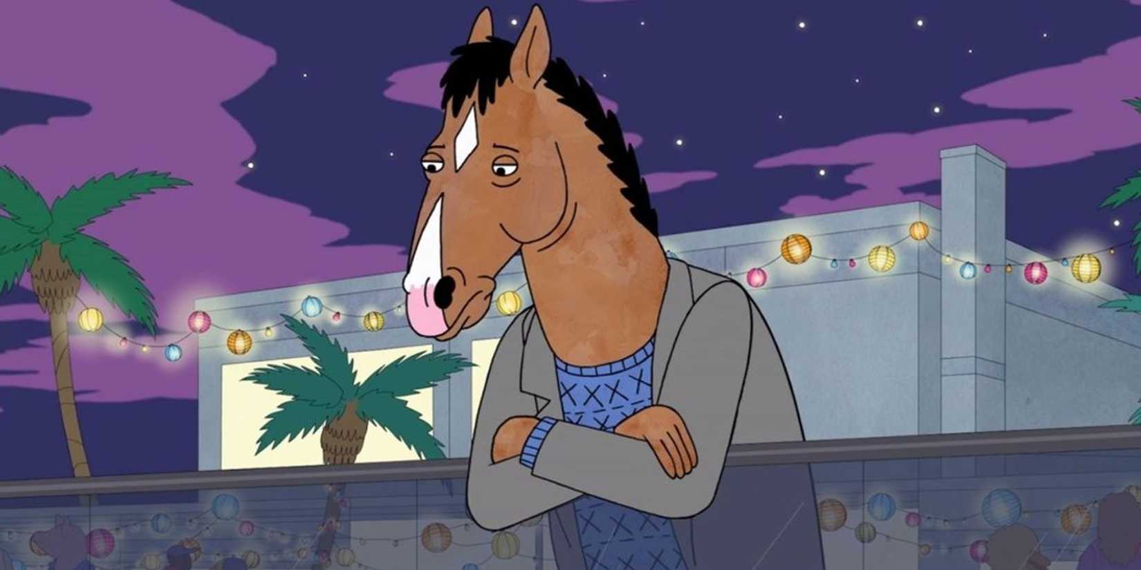 BoJack Horseman standing on his balcony, looking disappointed and deflated, in BoJack Horseman.