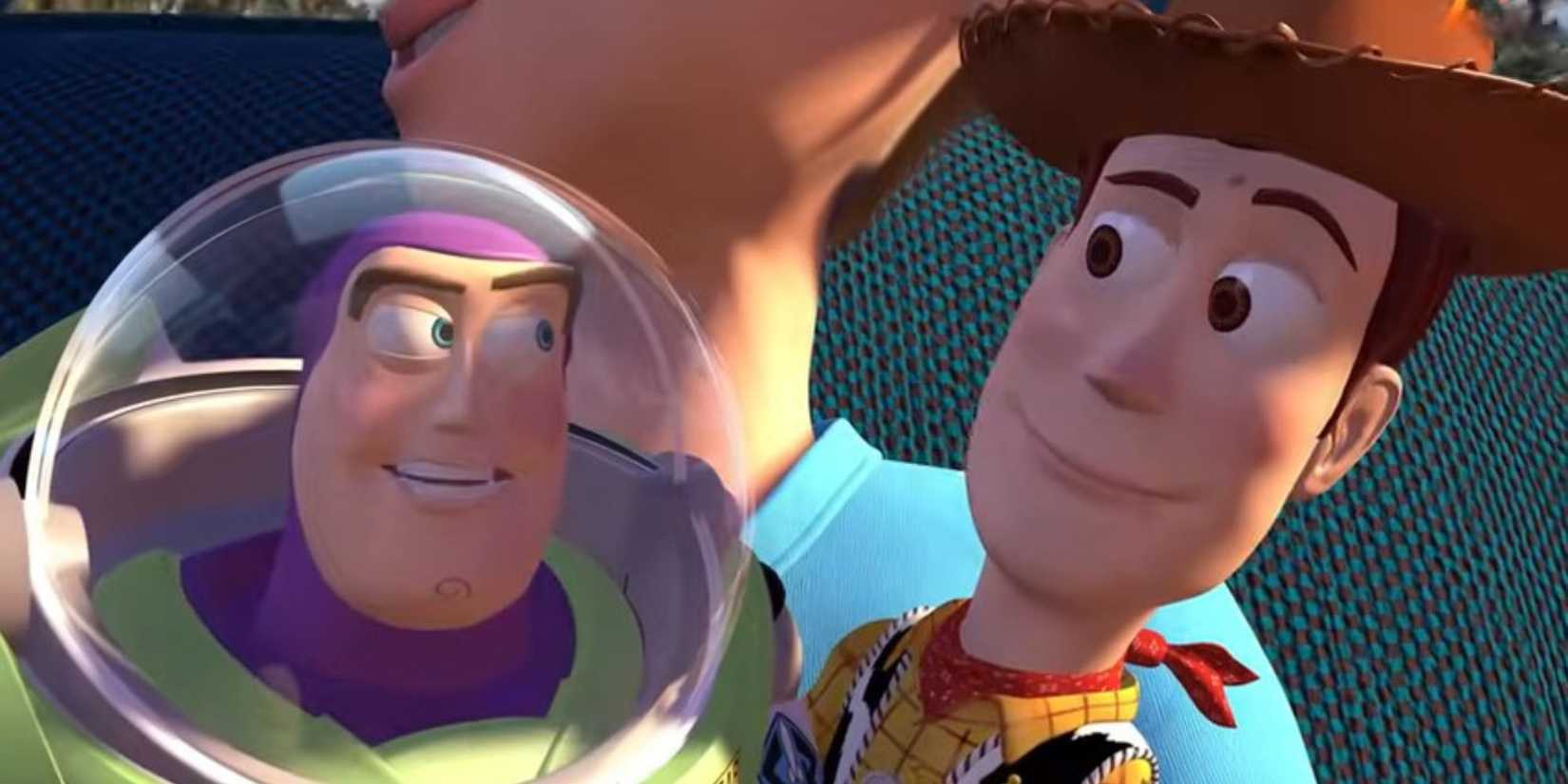 Buzz and Woody looking at each other in the first Toy Story movie.