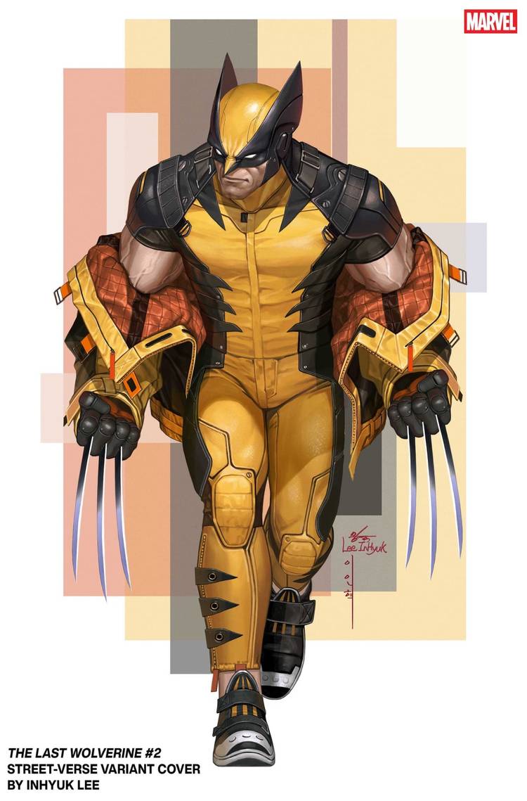 Wolverine’s yellow streetwear costume redesign in The Last Wolverine #2 Street-Verse Variant Cover by InHyuk Lee