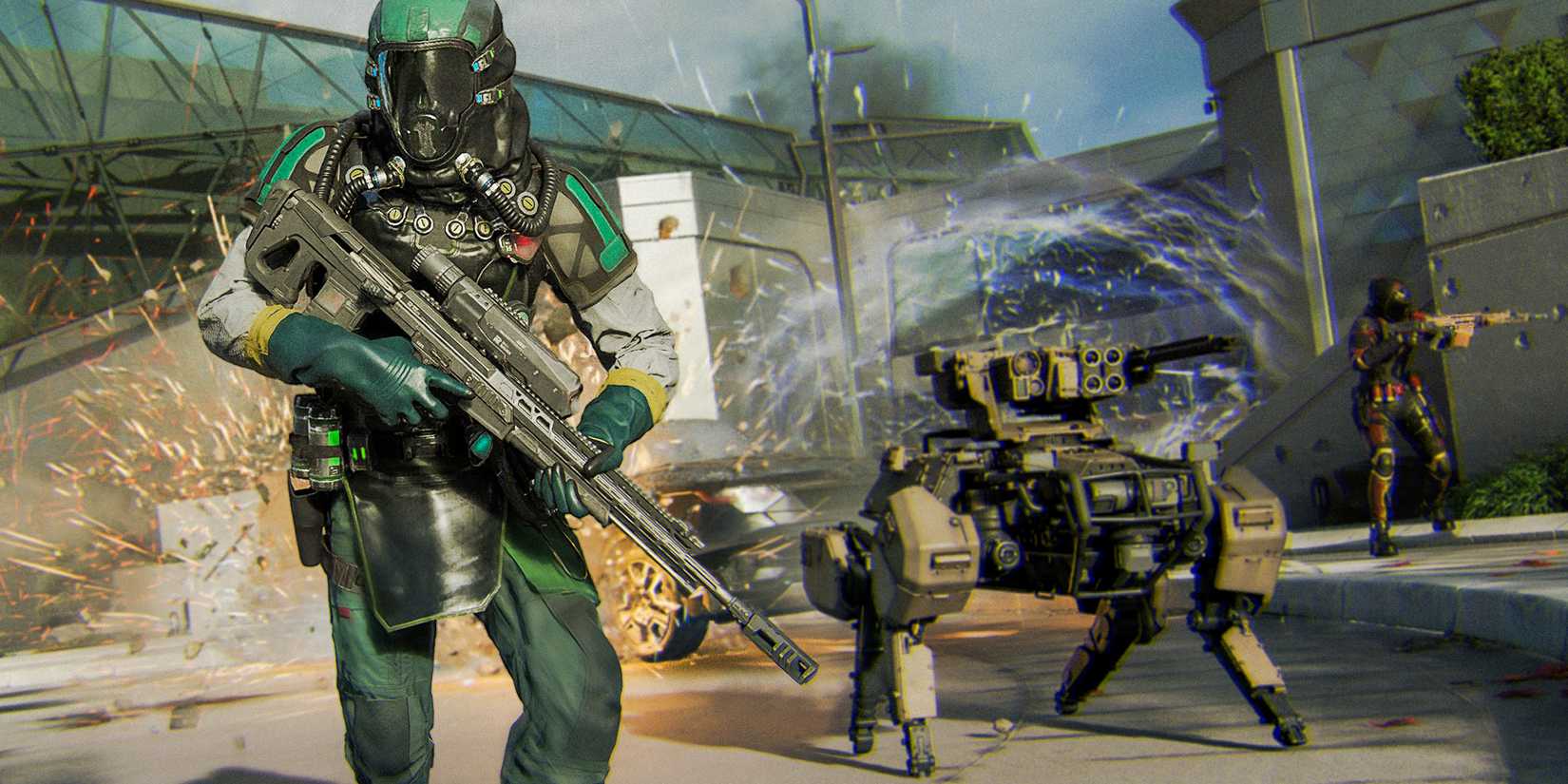 A soldier walking next to a robot in Call of Duty: Black Ops 7.