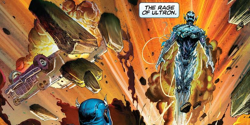 Captain America looking for her eyes with horror to Ultron destroying a city.