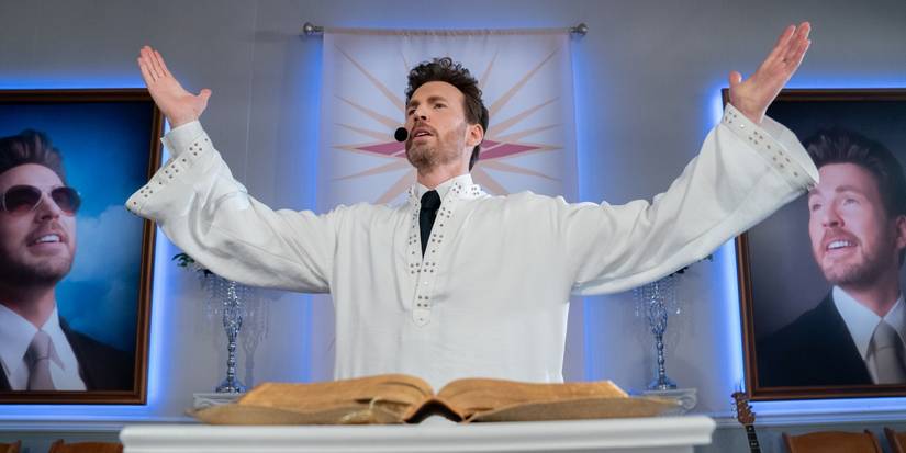 Chris Evans spreading his arms at a pulpit in Honey Don't