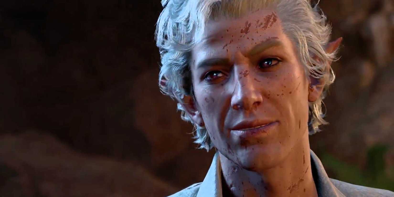 Closeup of Astarion the high elf vampire rogue from Baldur's Gate 3