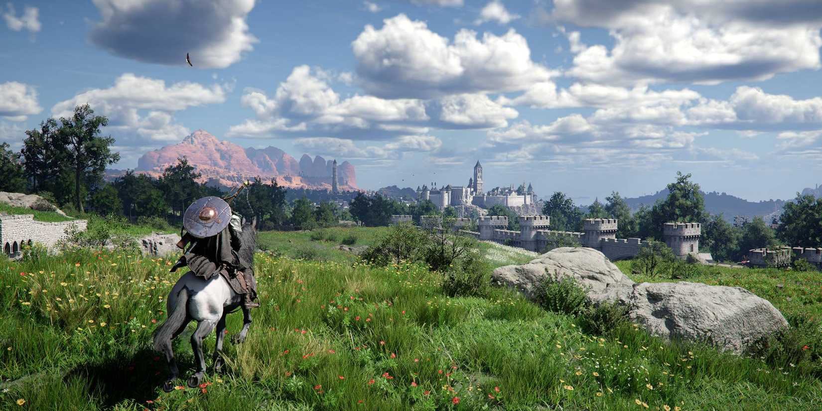 The Crimson Desert protagonist riding a horse through a field towards a castle in the distance.