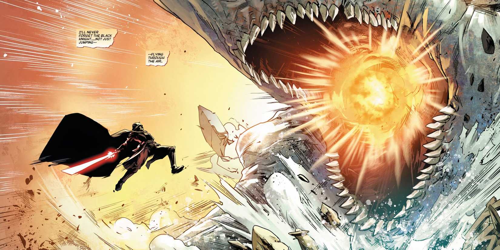 Darth Vader flying toward a fire-breathing dragon with his lightsaber drawn.