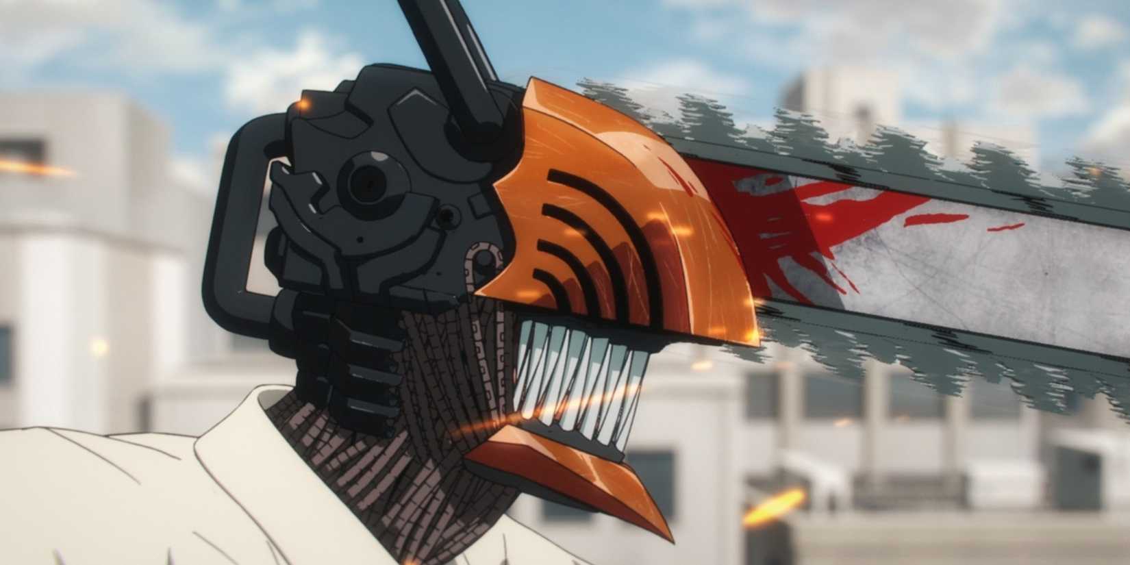 A side view of Denji's transformed state in season one of Chainsaw Man.