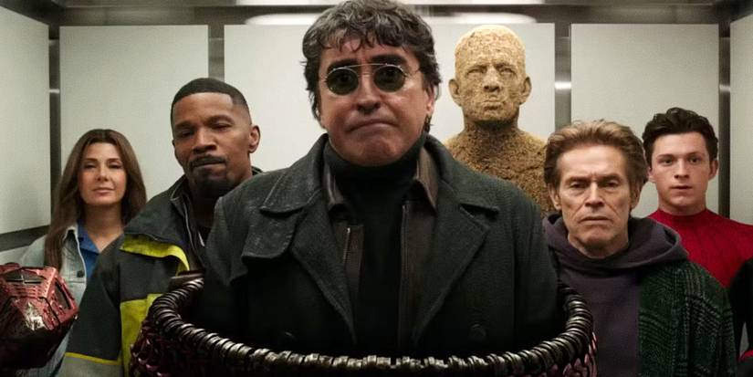 Doutor Octopus, Duende Verde, Electro e Homem-Areia em um elevador com Tia May e Peter Parker em cena deletada de Homem-Aranha: Sem Volta Para Casa