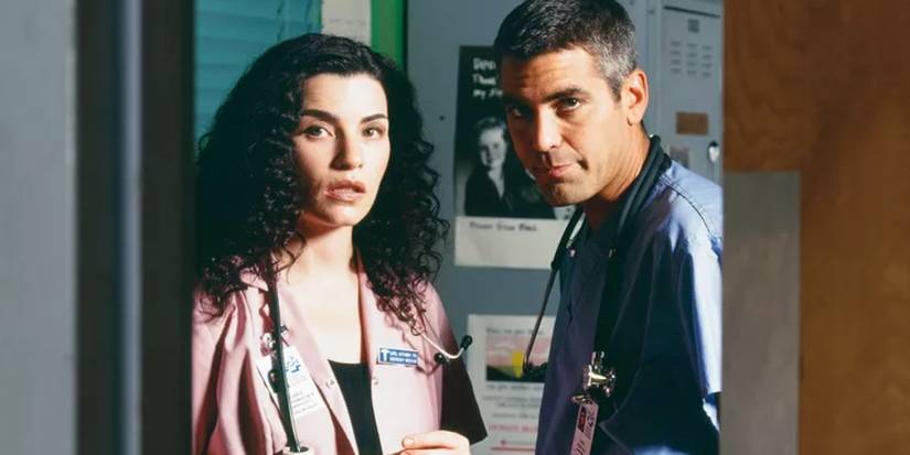 Doug Ross & Carol Hathaway from ER, looking through an open door in their scrubs.
