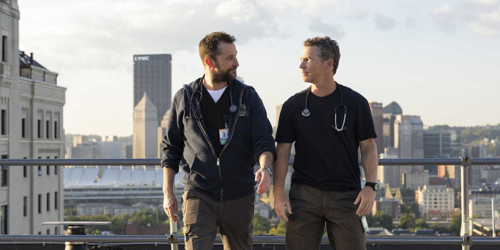 Dr Robby and Dr Abbott walk together on the rooftop of the ER in The Pitt season 1