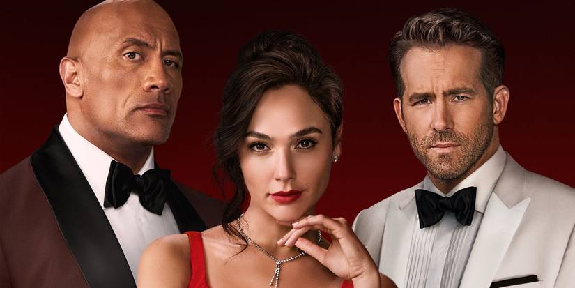 Dwayne Johnson, Gal Gadot, and Ryan Reynolds on the Red Notice poster