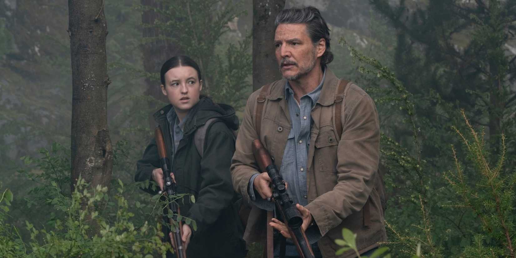 Ellie and Joel walk through the woods in The Last of Us season 2