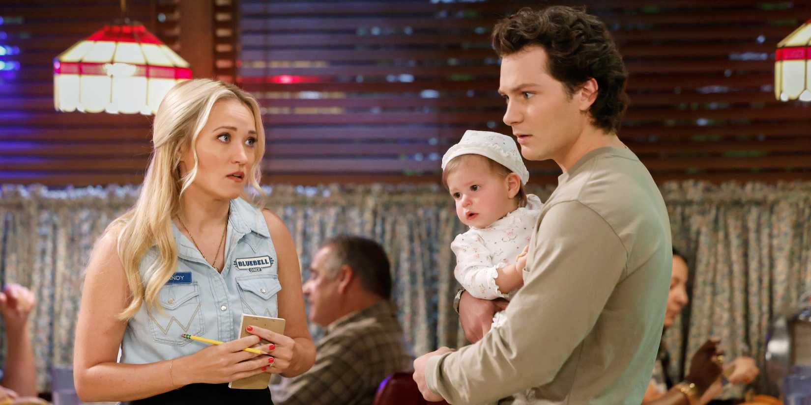 Emily Osment's Mandy Montana Jordan's Georgie look worried in a restaurant with baby in Georgie & Mandy's First Marriage