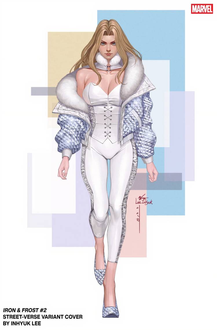 Emma Frost in street clothes that are inspired by her regular white costume.