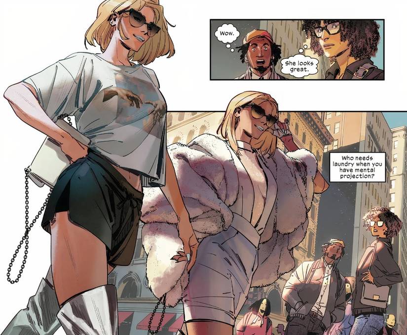 Emma Frost using telepathy to make herself look better to others.