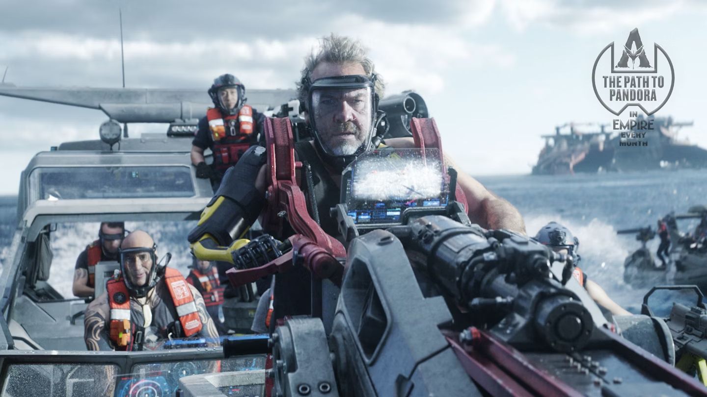 Brendan Cowell manning a turret on a boat as Mick Scoresby in Avatar Fire and Ash