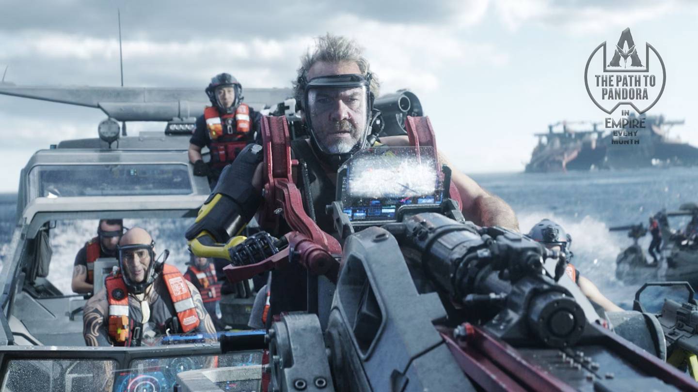 Brendan Cowell manning a turret on a boat as Mick Scoresby in Avatar Fire and Ash