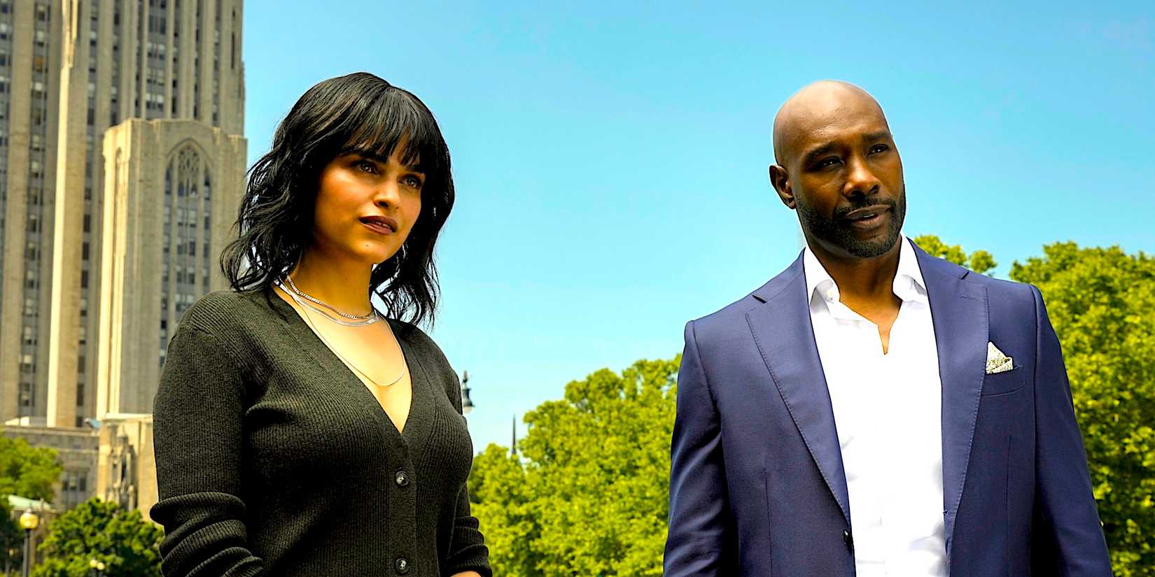 Eve Harlow's Ingrid and Morris Chestnut's Watson stand outside in Watson