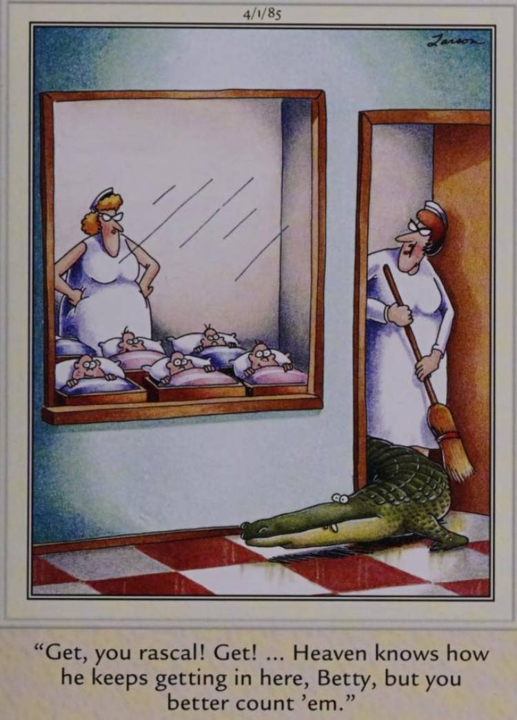 Far Side, April 1, 1985, a nurse shoos a crocodile out of a nursery