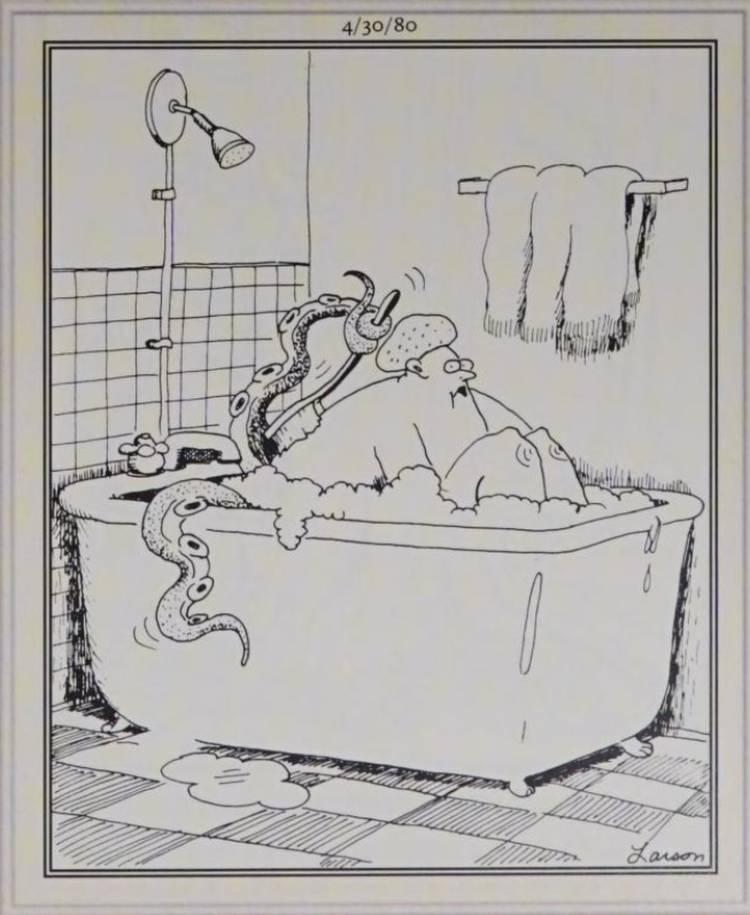 Far Side, April 30, 1980, a tentacled monster washes a woman's back in the tub
