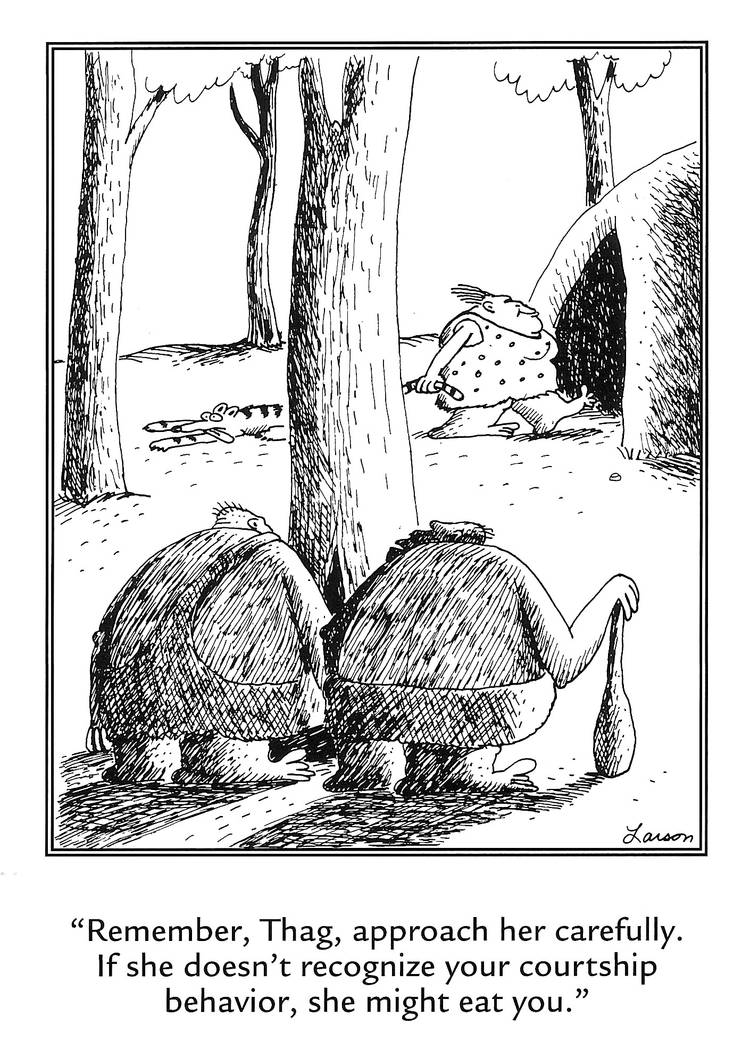 far side caveman comic about dating