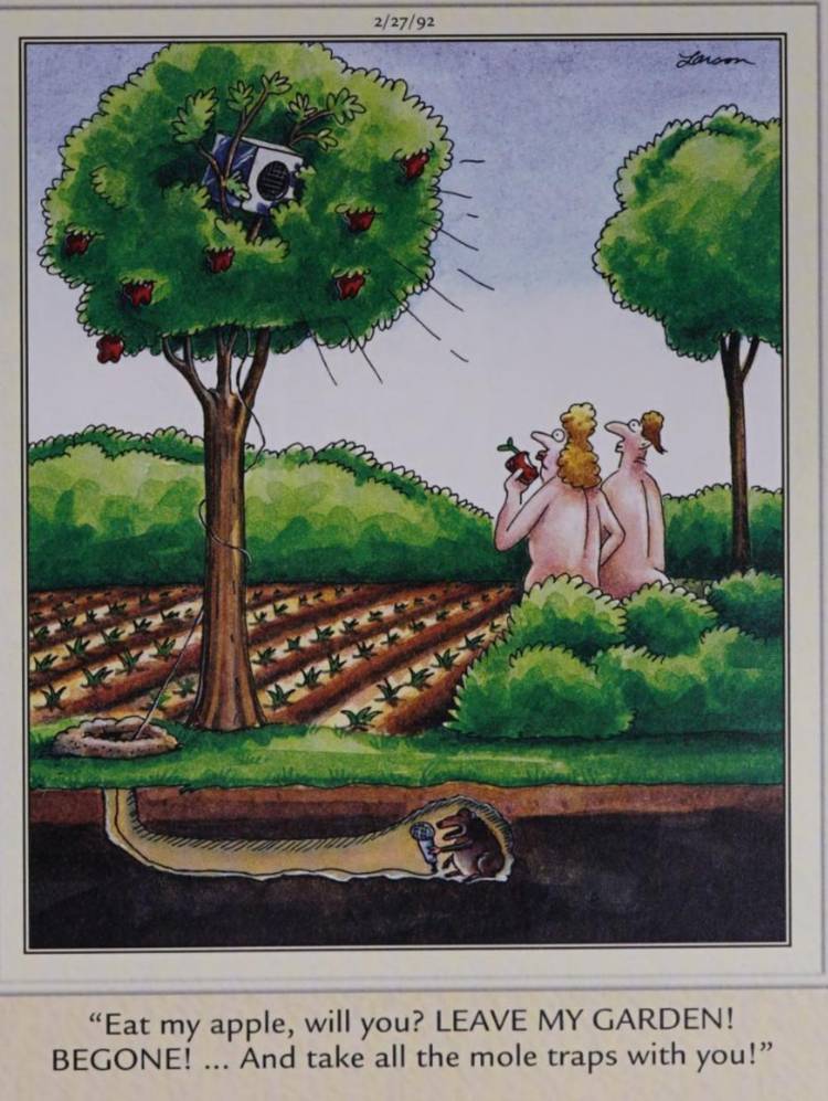 Far Side, February 27, 1992, a mole tricks Adam and Eve into leaving Eden