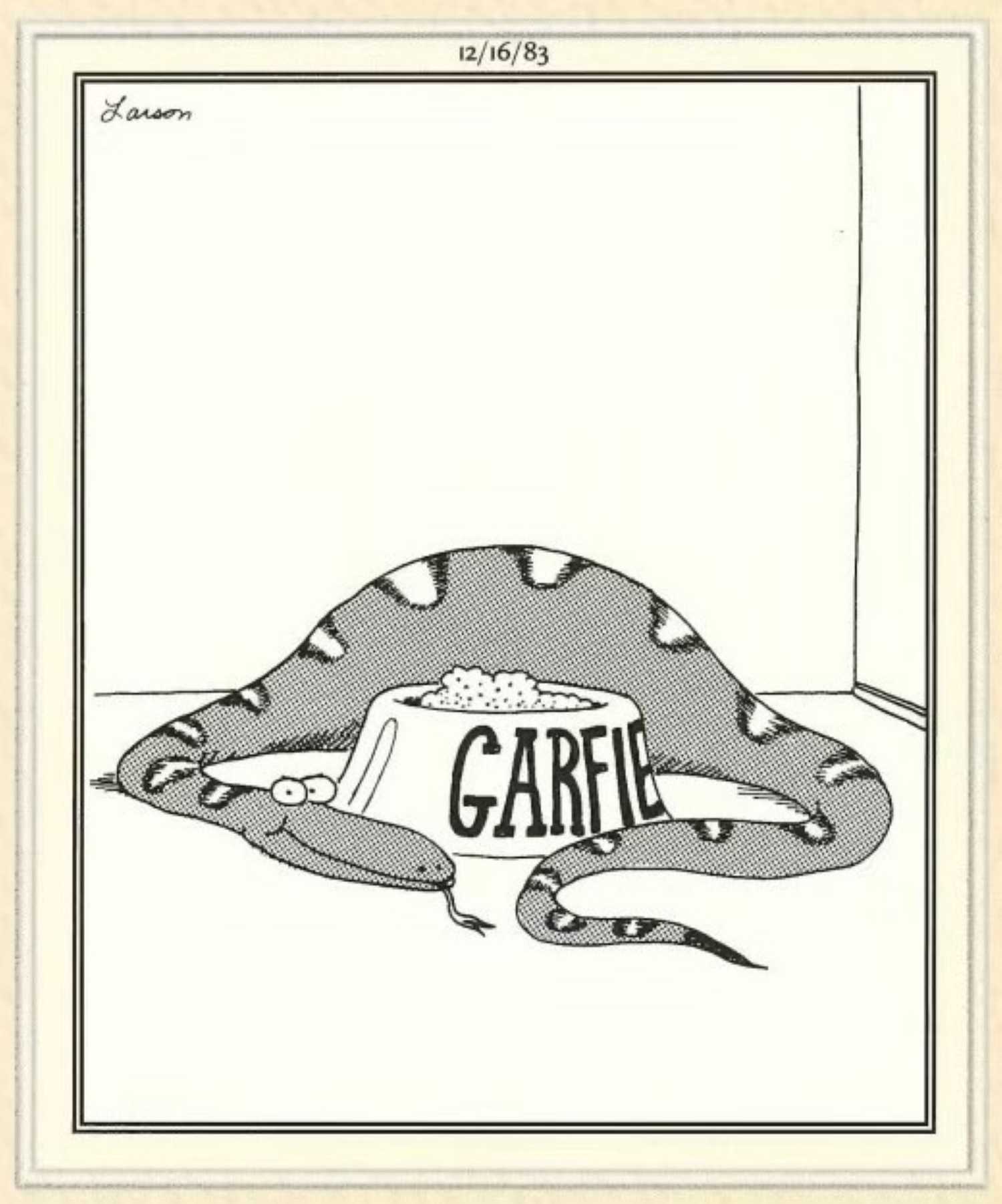 Far Side, December 16, 1983, a snake ate Garfield.
