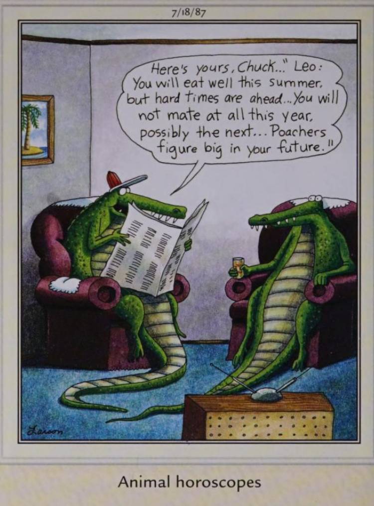 Far Side, July 18, 1987, an alligator hears its horoscope