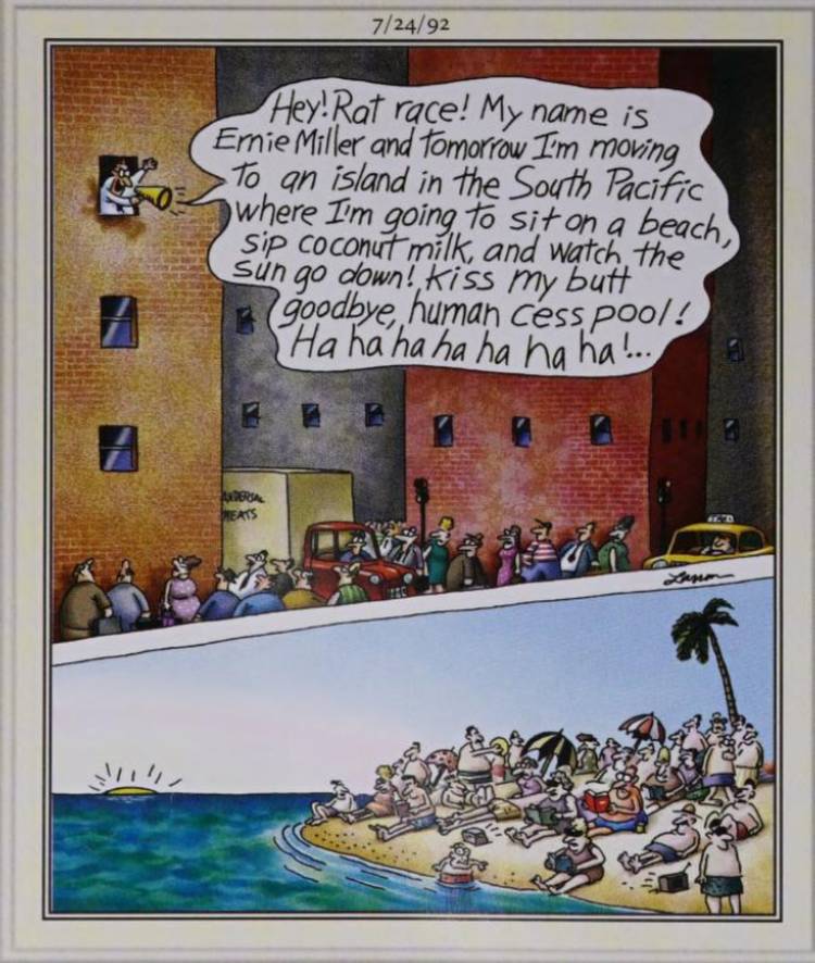 Far Side, July 24, 1992, a man shouting out his window and then on a crowded beach