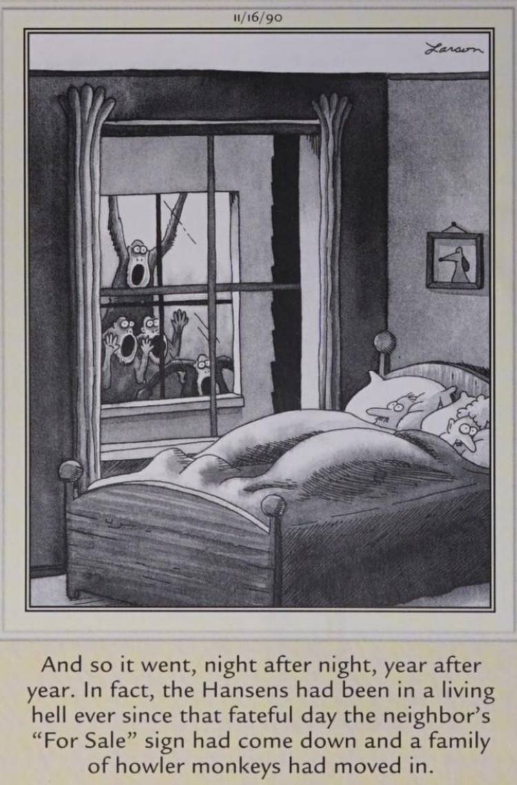 Far Side, November 16, 1990, a family of howler monkeys torments their neighbors