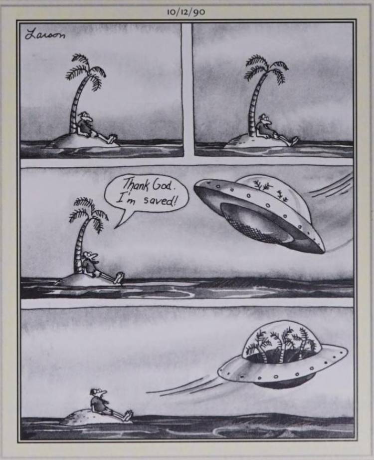 Far Side, October 12, 1990, a flying saucer abducts palm trees