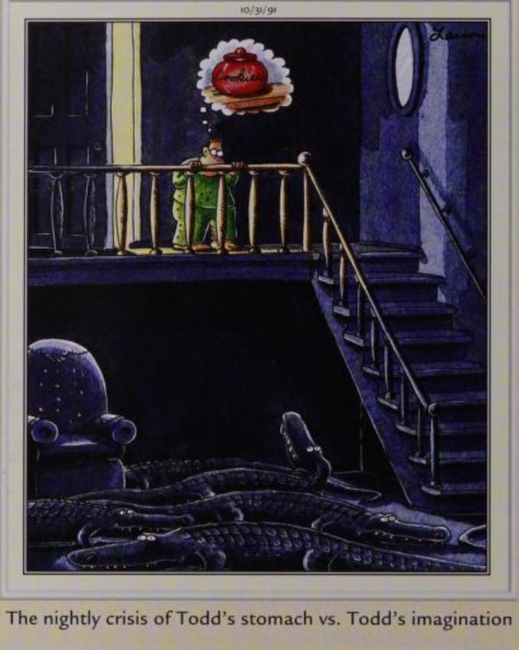 Far Side, October 31, 1991, a boy imagines alligators between him and a midnight snack